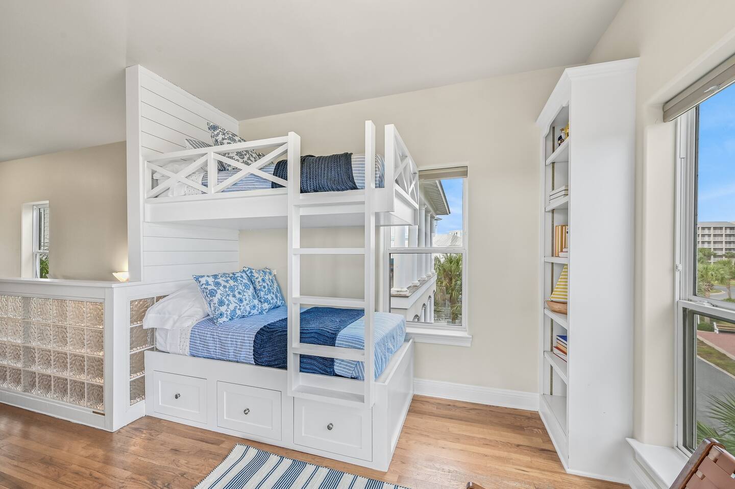 Open bunk room with twin-over-twin bunk bed
